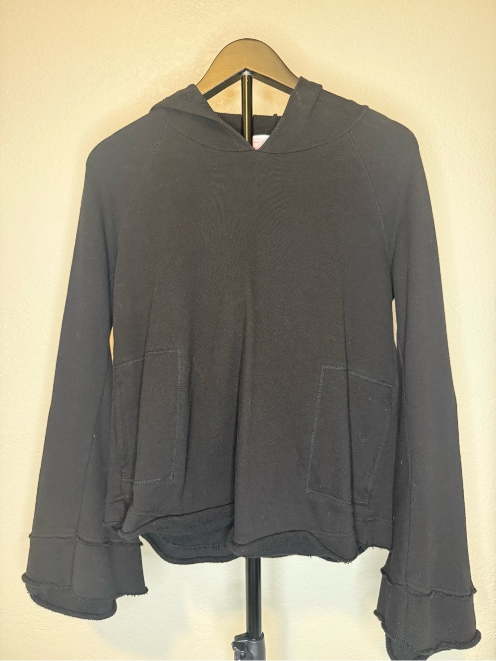 Free People Beach Black Hooded Pullover Sweatshirt with Flared Cuffs